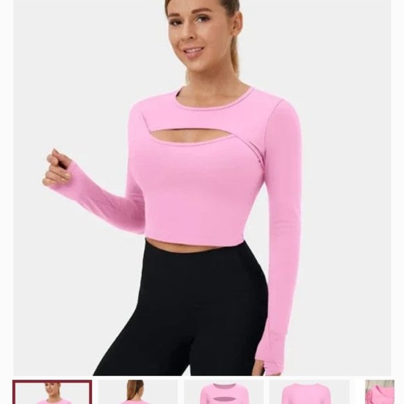 Halara Long Sleeve Cut Out Cropped Dance Sports Top Pink Frosting Medium HT1 - Picture 1 of 5